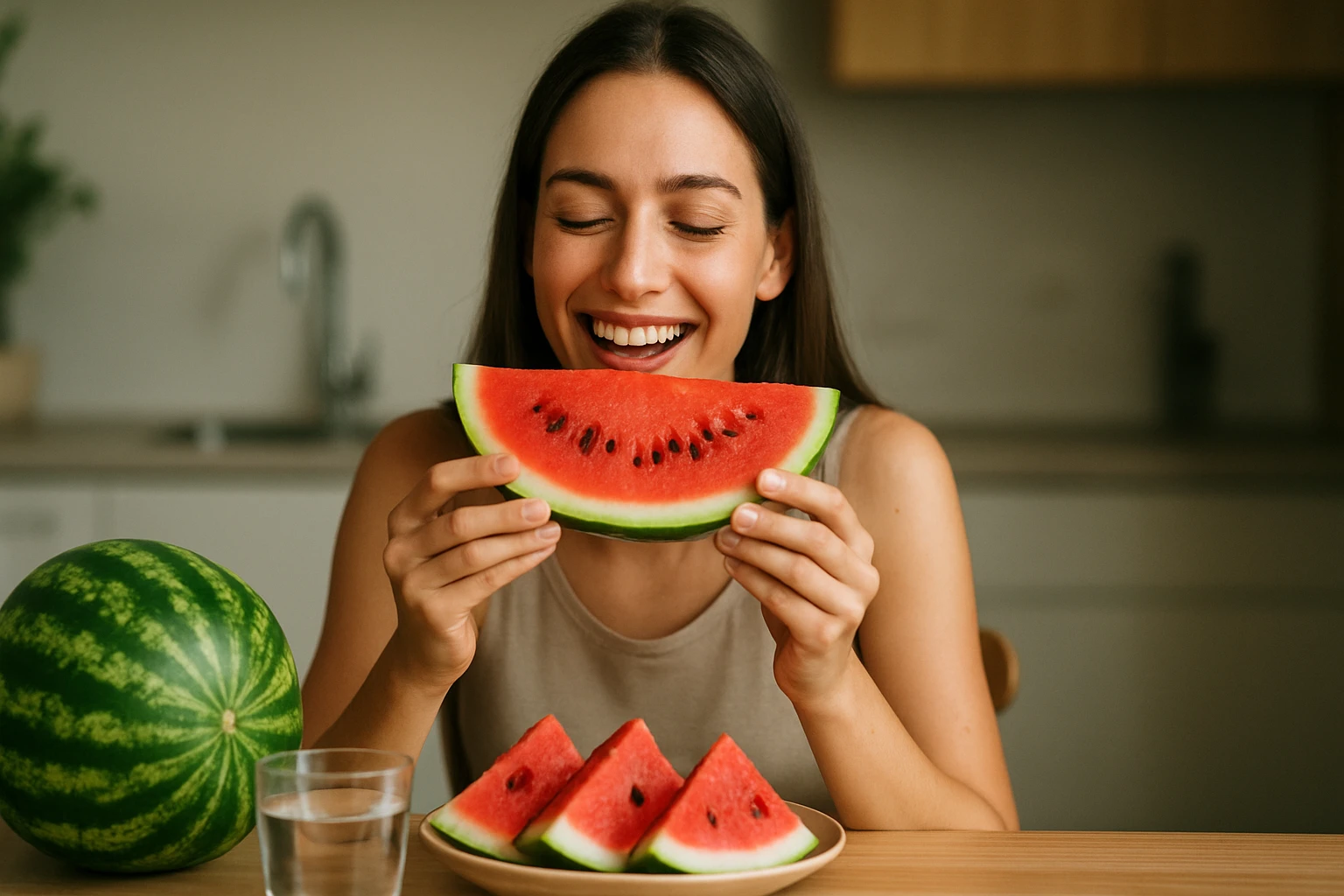 Šťastná žena s melónom, ktorý podporuje zdravé trávenie.