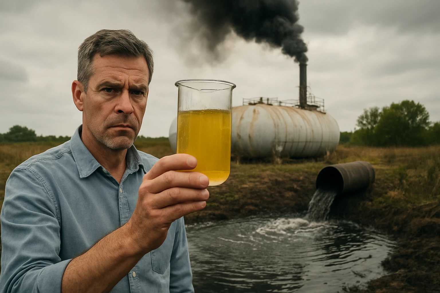 Muž drží sklenený pohár s žltou tekutinou pred znečisteným prostredím.
