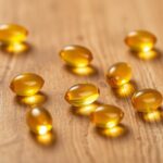 Olejové kapsuly vitamínu D na drevenom pozadí