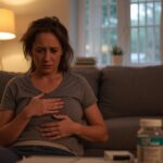 Žena so zažívacími ťažkosťami sedí na pohovke a vyzerá znepokojene.