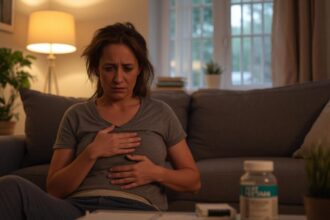 Žena so zažívacími ťažkosťami sedí na pohovke a vyzerá znepokojene.