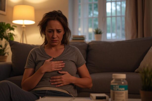 Žena so zažívacími ťažkosťami sedí na pohovke a vyzerá znepokojene.