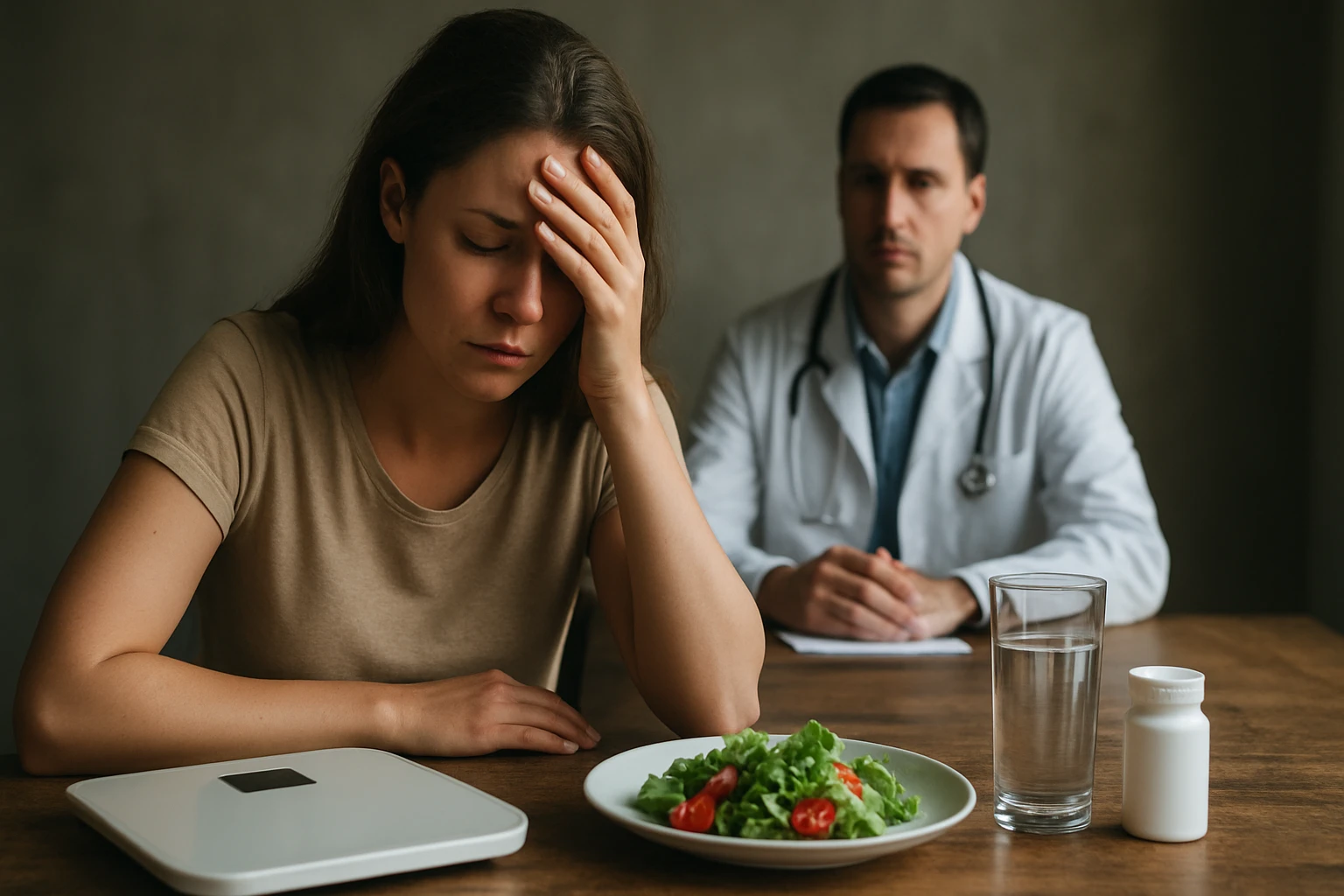 Žena s frustráciou pri pohľade na jedlo a váhu počas konzultácie s lekárom.