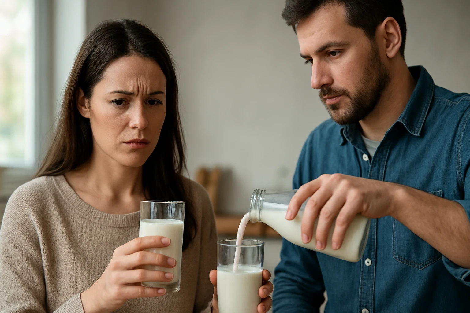 Znepokojená žena sleduje muža, ktorý nalieva mlieko do pohára.