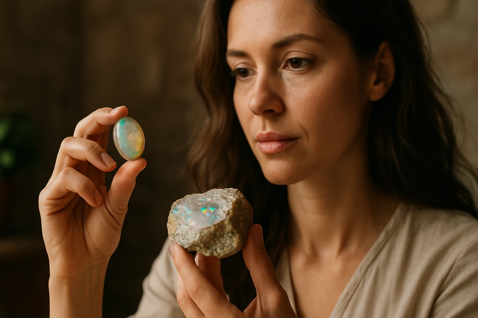 Žena skúma opálový kameň a jeho liečivé vlastnosti.
