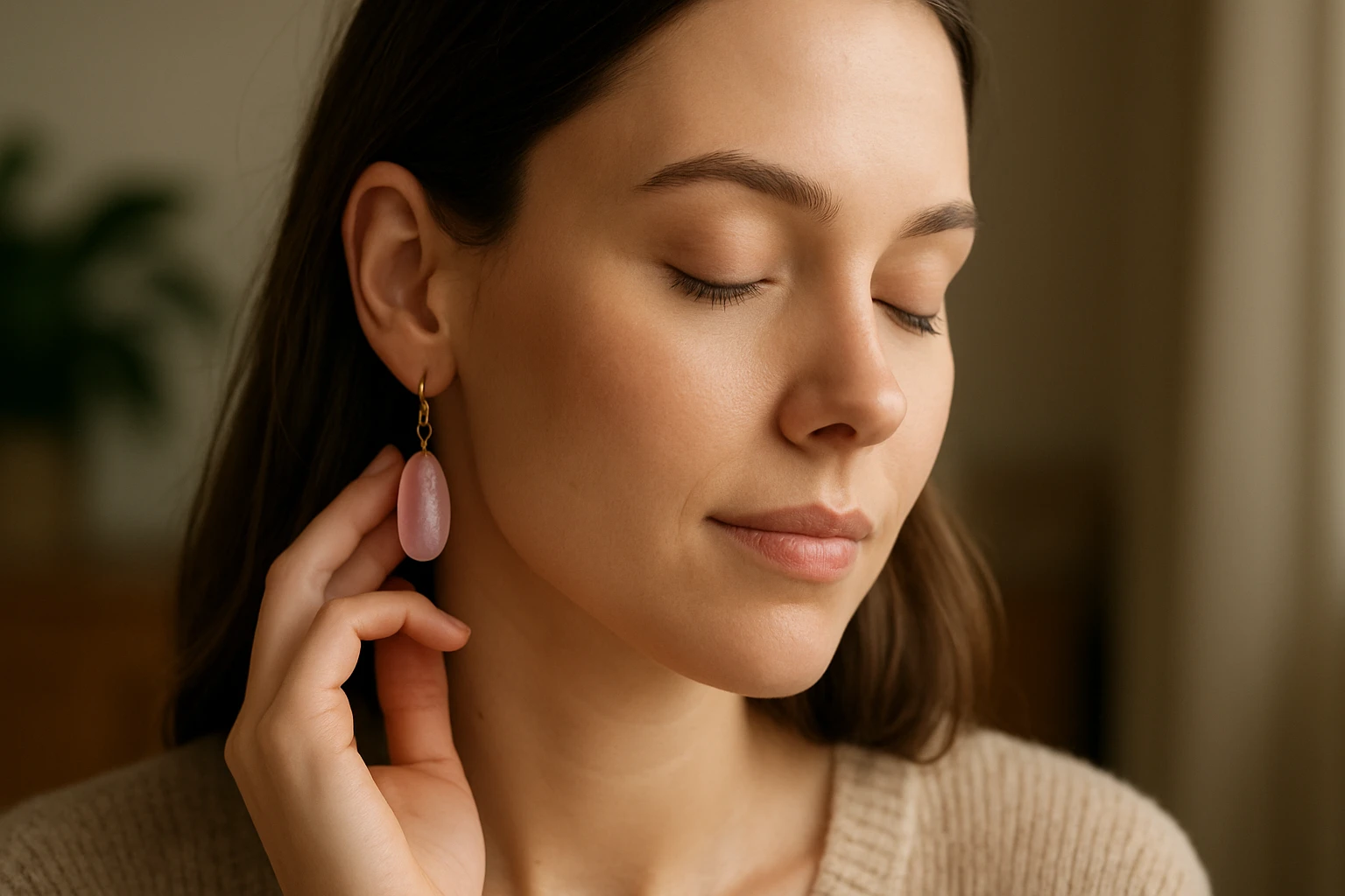 Žena s ruženínovými náušnicami vyžaruje jemnosť a harmóniu.