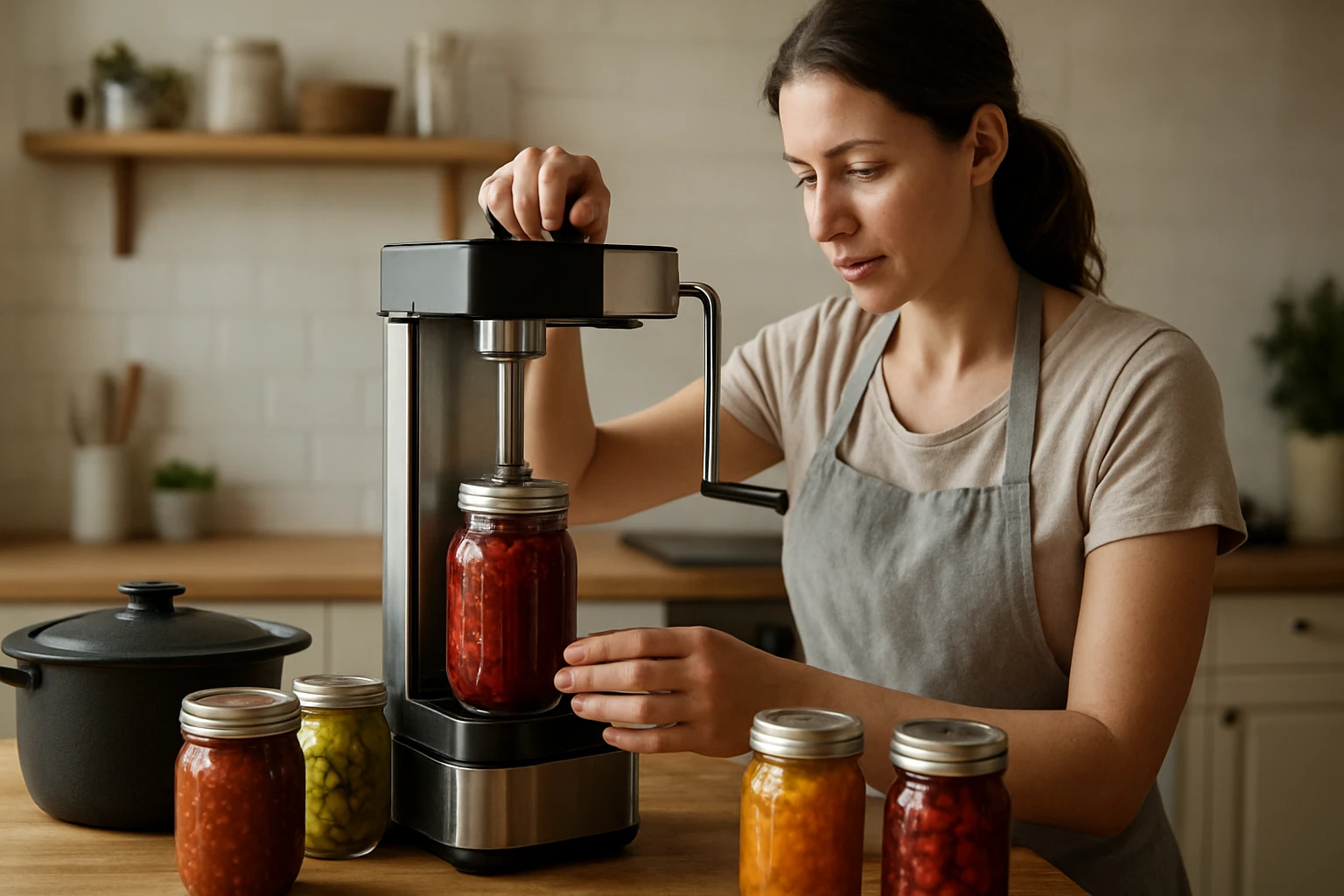 Žena používa domácu konzervovaciu automatiku na plnenie pohárov.