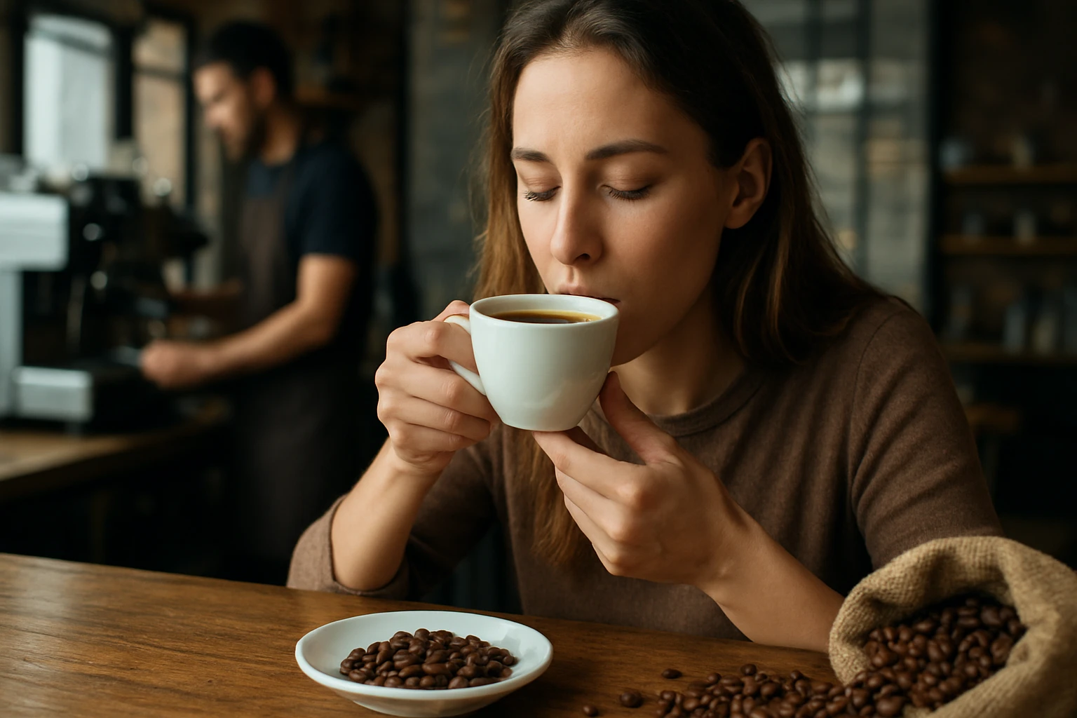 Žena vychutnávajúca si kávu s kávovými zrnami na stole