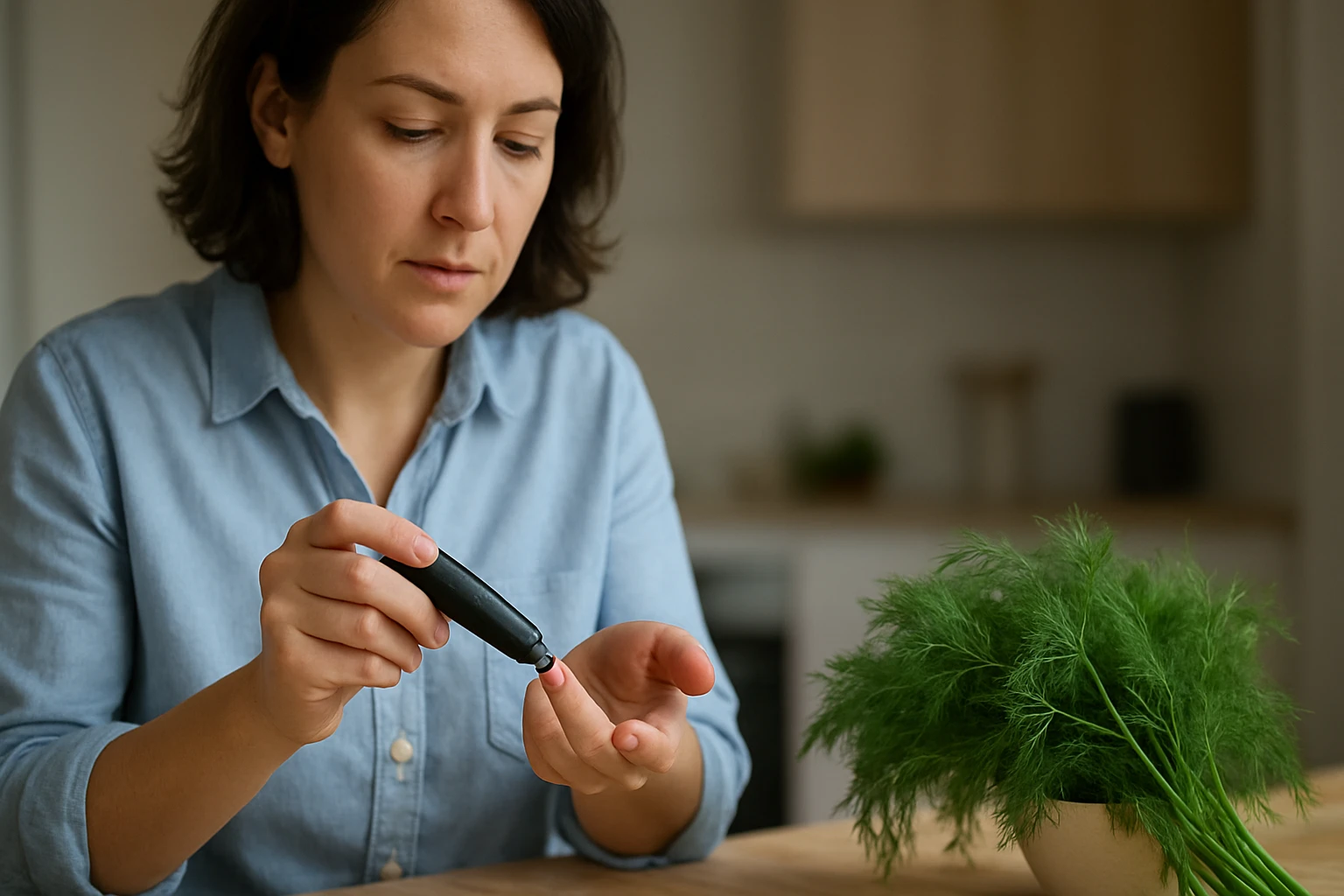 Žena meria hladinu cukru v krvi s kôprom na stole.