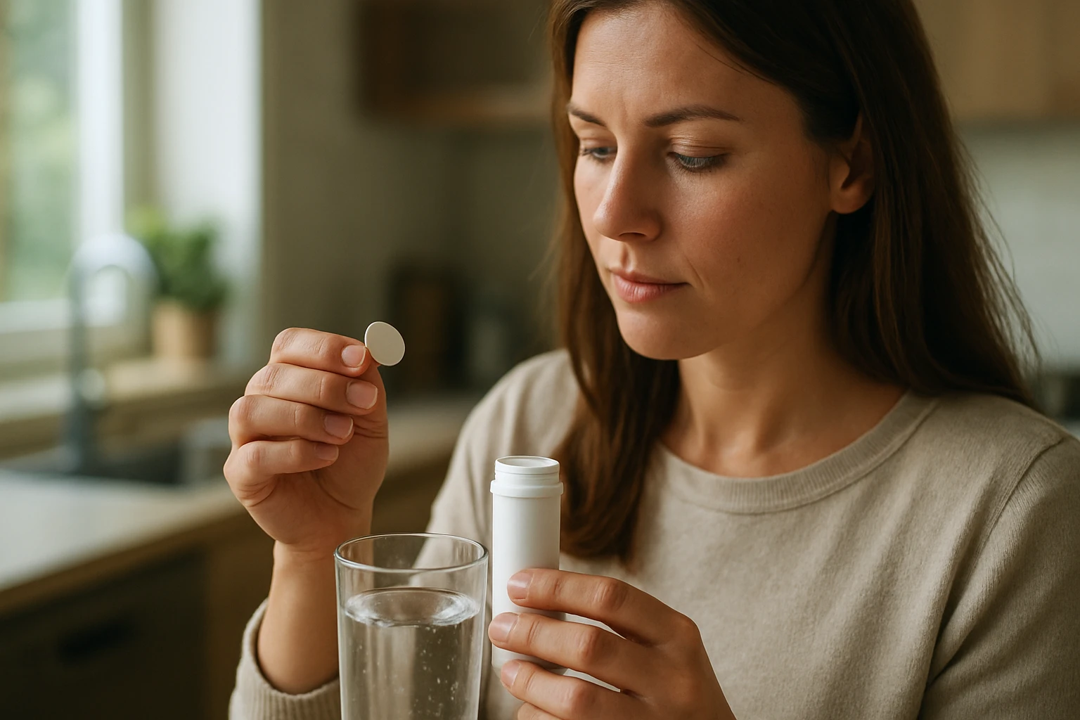 Žena pridáva šumivú tabletu železa do vody na zlepšenie zdravia.