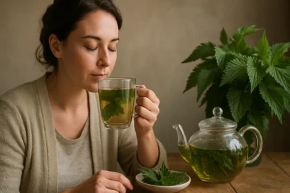 Žena si užíva žihľavový čaj, detoxikačná kúra pre zdravie pečene.