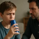 Chlapec pije energetický nápoj so znepokojeným otcom v pozadí.