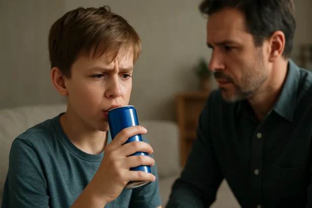 Chlapec pije energetický nápoj so znepokojeným otcom v pozadí.