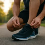 Muž si zaväzuje bežecké topánky na ceste v parku.