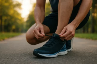 Muž si zaväzuje bežecké topánky na ceste v parku.