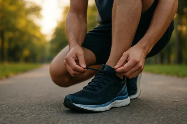 Muž si zaväzuje bežecké topánky na ceste v parku.