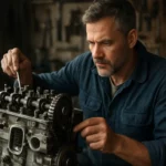 Mechanik pracuje na štvortaktnom Otto-motore v dielni.