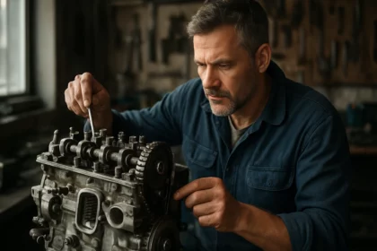 Mechanik pracuje na štvortaktnom Otto-motore v dielni.