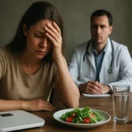 Žena s frustráciou pri pohľade na jedlo a váhu počas konzultácie s lekárom.