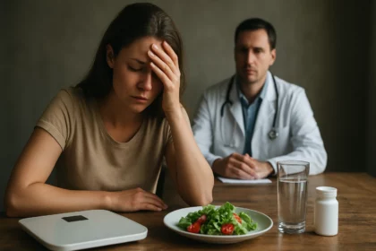 Žena s frustráciou pri pohľade na jedlo a váhu počas konzultácie s lekárom.