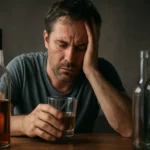 Muž smútiaci nad pohárom alkoholu, s prázdnymi fľašami v pozadí.