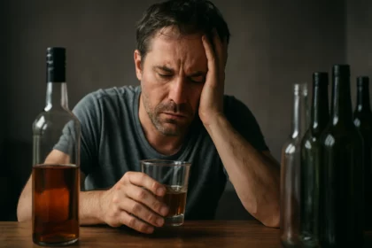 Muž smútiaci nad pohárom alkoholu, s prázdnymi fľašami v pozadí.