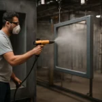 Pracovník používa elektrostatické lakovanie v priemyselnej prevádzke.