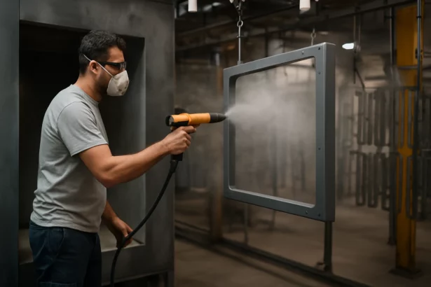 Pracovník používa elektrostatické lakovanie v priemyselnej prevádzke.