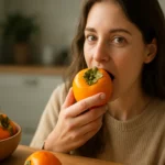 Žena si vychutnáva kaki ovocie v kuchyni