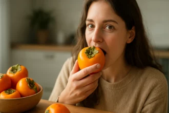 Žena si vychutnáva kaki ovocie v kuchyni