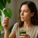 Žena drží list Tinospory cordifolie a sklenený nápoj