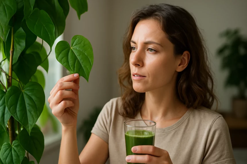 Žena drží list Tinospory cordifolie a sklenený nápoj