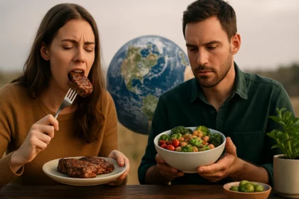 Žena s mäsom a muž so zeleninou v pozadí zemeguľa, symbolizujúci udržateľnosť.