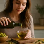 Žena nalieva extra panenský olivový olej do misy.