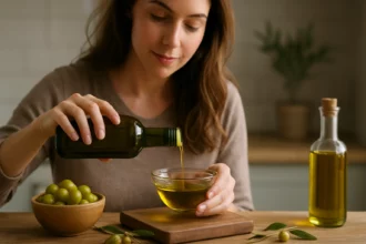 Žena nalieva extra panenský olivový olej do misy.