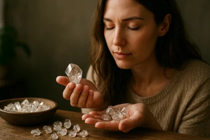 Žena drži Herkimer diamant v ruke, obklopená ďalšími diamantami.