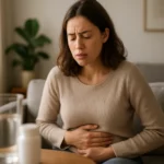 Žena s bolesťami brucha sedí na pohovke s pohárom vody a probiotikami.