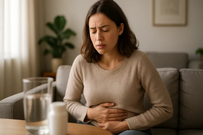 Žena s bolesťami brucha sedí na pohovke s pohárom vody a probiotikami.