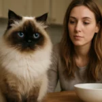 Himalájska mačka s modrými očami sedí pri žene s misou.