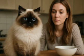 Himalájska mačka s modrými očami sedí pri žene s misou.