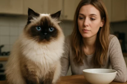 Himalájska mačka s modrými očami sedí pri žene s misou.