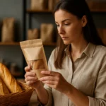 Žena skúma atraktívne balenie produktu v pekárni.