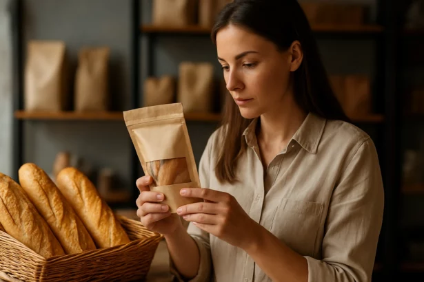 Žena skúma atraktívne balenie produktu v pekárni.