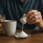 Muž s nápojom a acesulfám K v prášku na stole