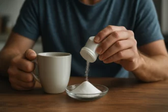 Muž s nápojom a acesulfám K v prášku na stole