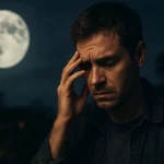 Muž s bolestivým výrazom pod splnom mesiaca