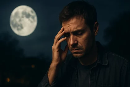 Muž s bolestivým výrazom pod splnom mesiaca