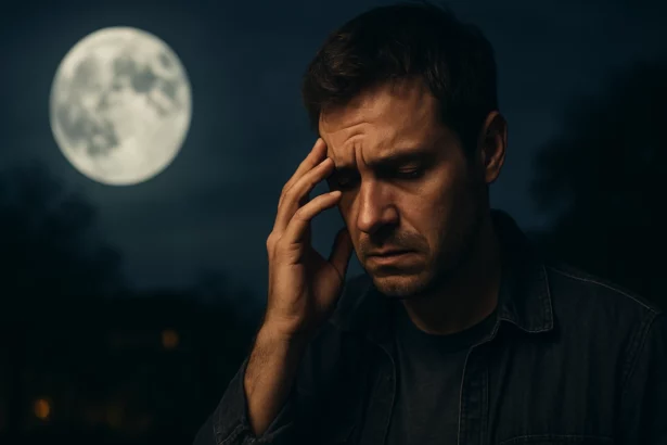 Muž s bolestivým výrazom pod splnom mesiaca