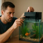 Muži nastavujúci akváriový filter pre zdravé ryby a čistú vodu