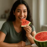 Žena sa usmieva a vychutnáva si kúsok vodného melóna